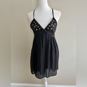 Billabong Black Boho Mini Dress with Gold Embroidery Spaghetti Strap Medium
